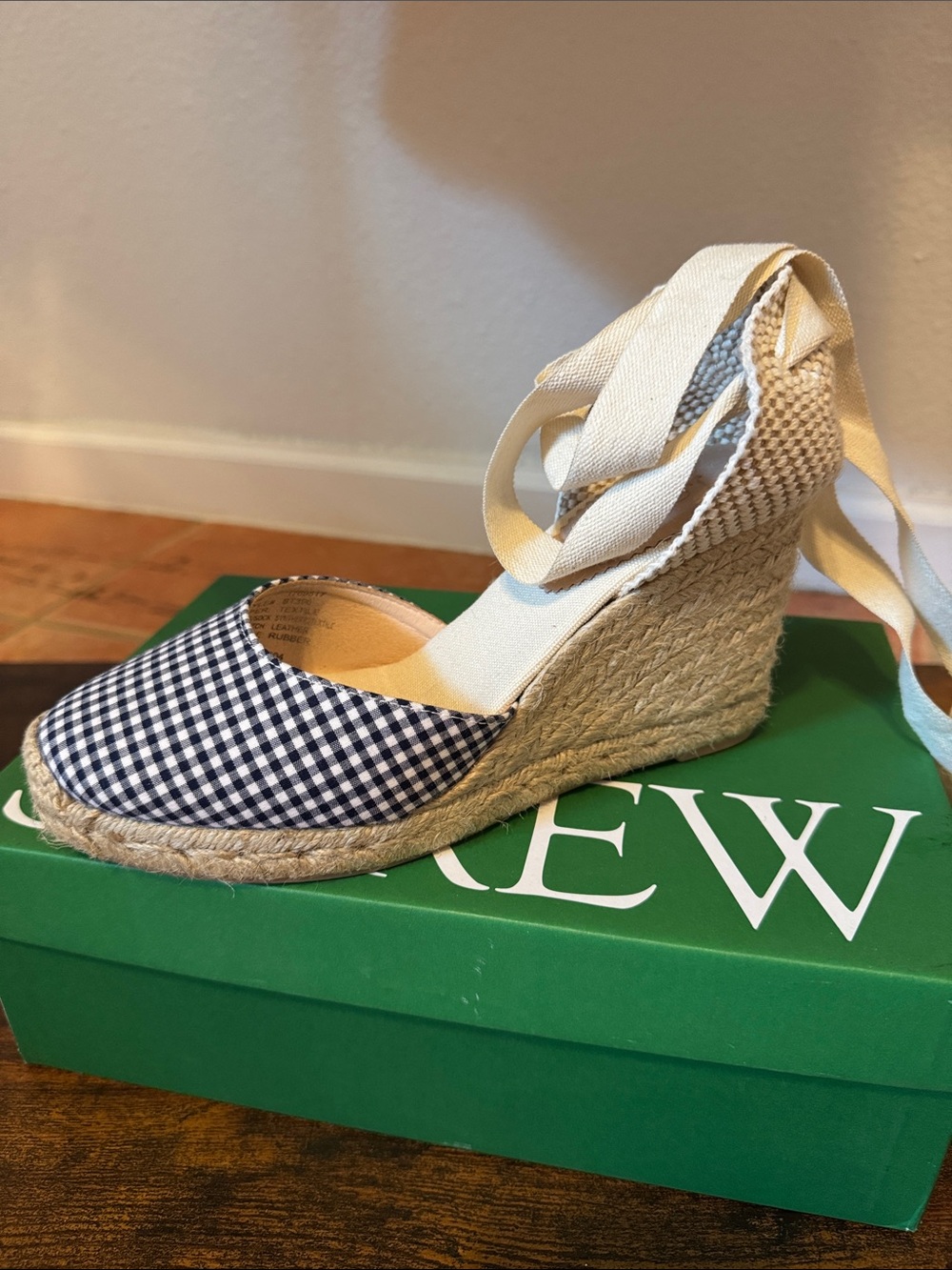 J. Crew Navy and White Gingham Espadrille Wedge with Ankle Wrap